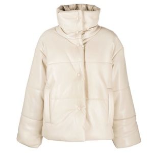 Faux Leather Cream Puffer Jacket Super Soft Cozy High Neck Neutral Color Coat